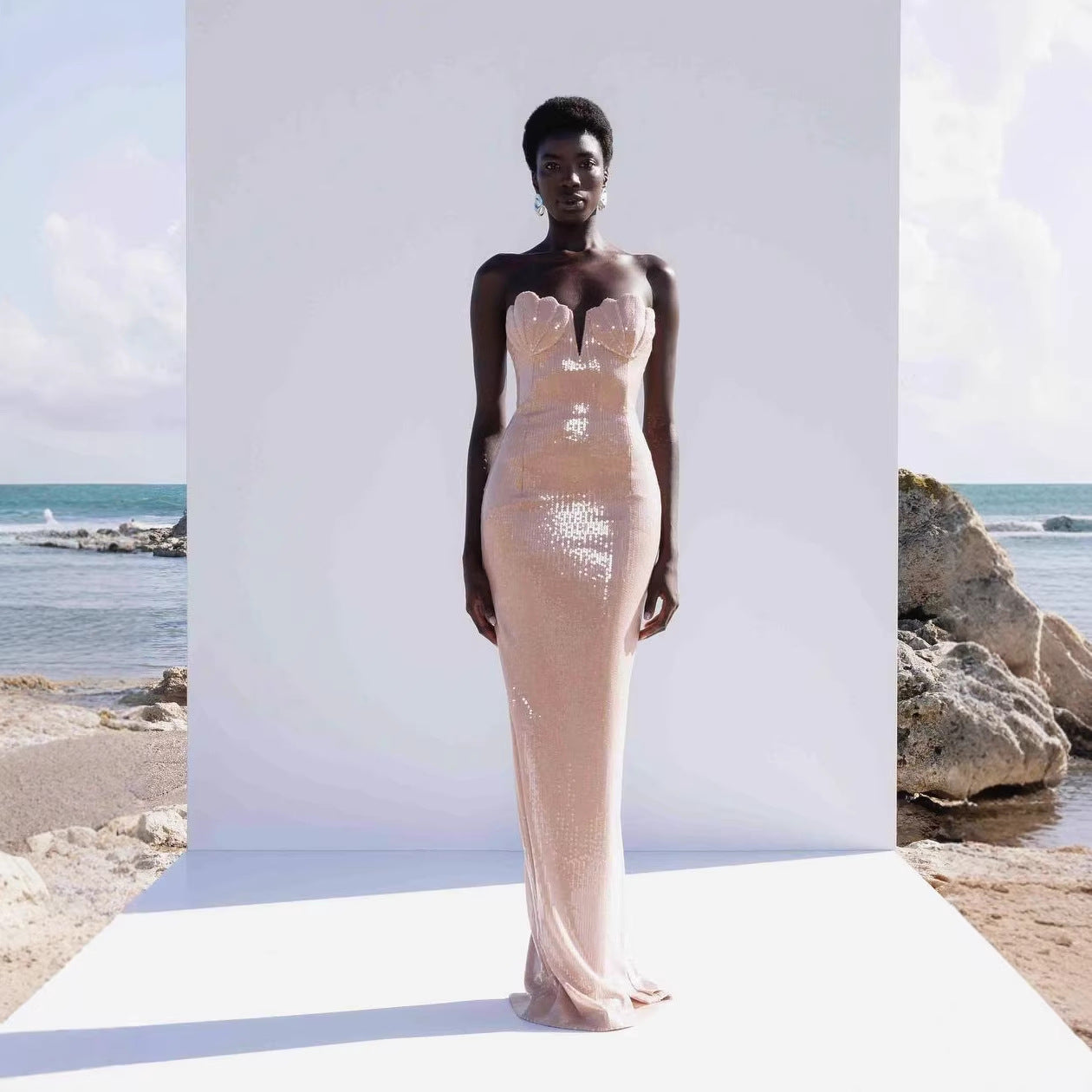 Women Light Pink Sequined Tube Top Dress Slim Fit Vacation Dress Beach