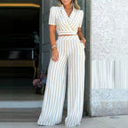 Women's Simple Brown Striped Jumpsuit Romper Bodysuit Set