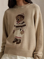 Women's teddy bear embroidery retro slim fit sweater American college