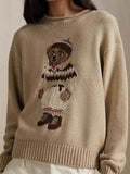 Women's teddy bear embroidery retro slim fit sweater American college