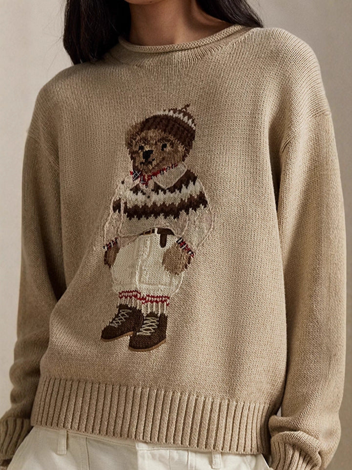 Women's teddy bear embroidery retro slim fit sweater American college