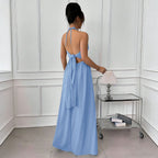 Summer Blue Halter Backless Dress Lace up Waist Slimming Seaside