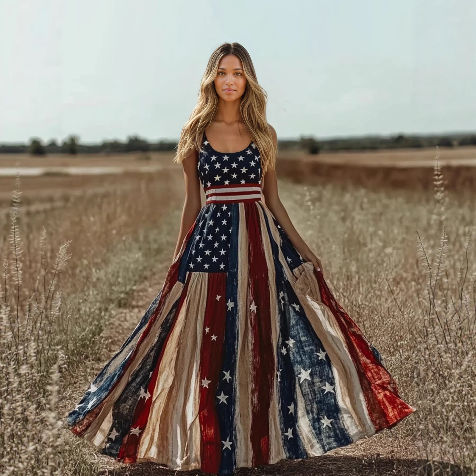 Flag Element Bohemian Suspender Maxi Dress .Ships from overseas.