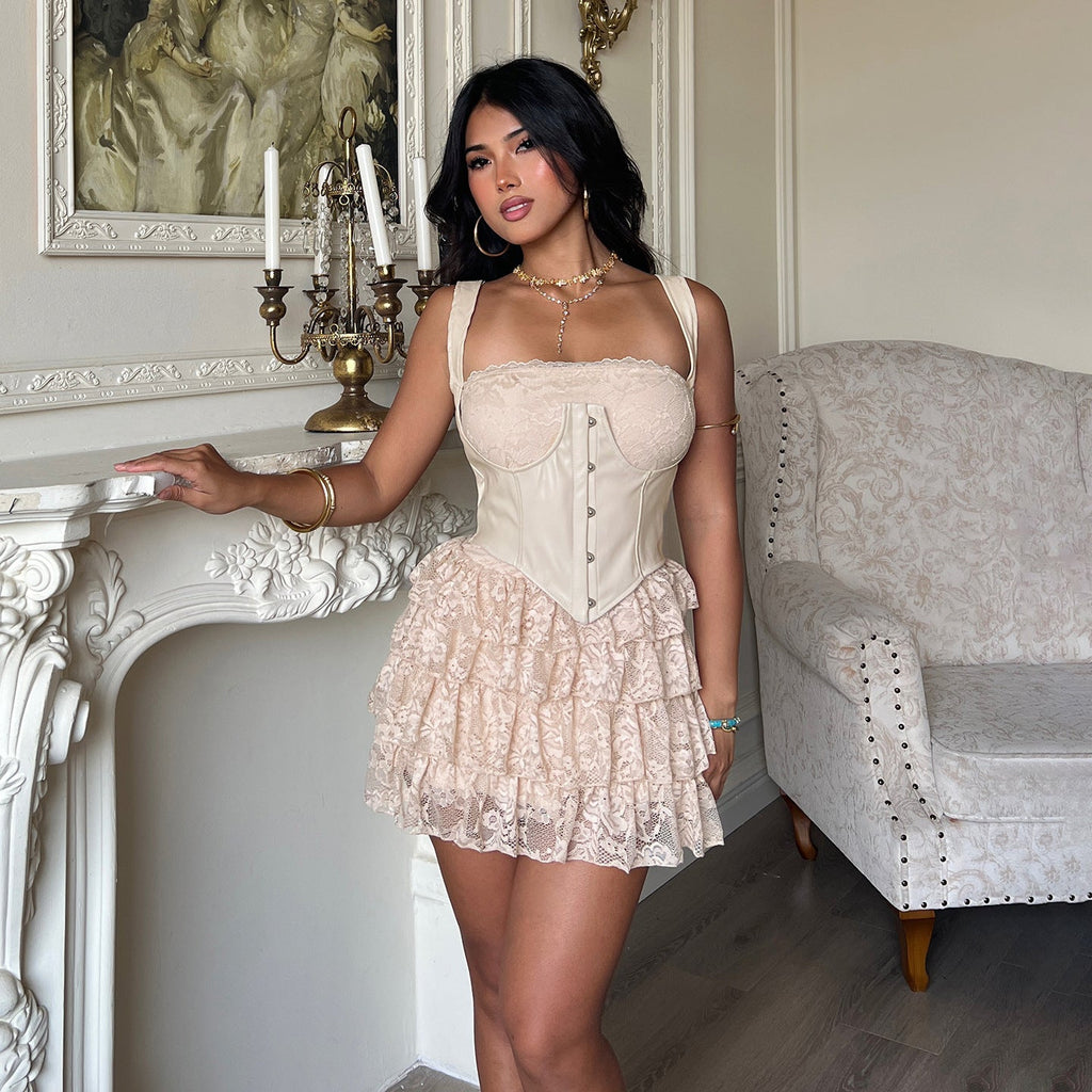 Sexy Leather Bra Strap Lace Stitching Puffy Tiered Dress Summer Set