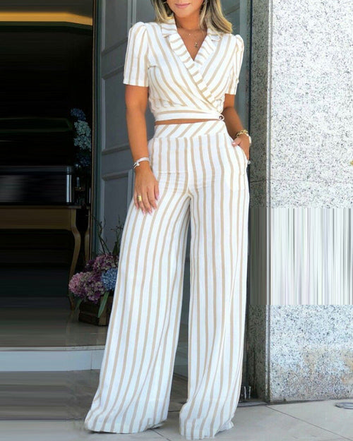 Women's Simple Brown Striped Jumpsuit Romper Bodysuit Set