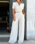Women's Simple Brown Striped Jumpsuit Romper Bodysuit Set