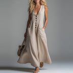 Spring Summer Patch Pocket Deep V Plunge neck Solid Color Casual Dress