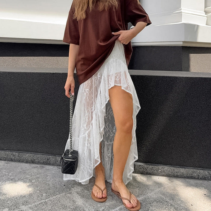 Split Ruffled Irregular Asymmetric Sweet Lace See through Skirt