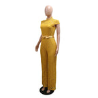 Round Neck Short Sleeve Lace Jumpsuit Wide Leg Pants Women Solid Color