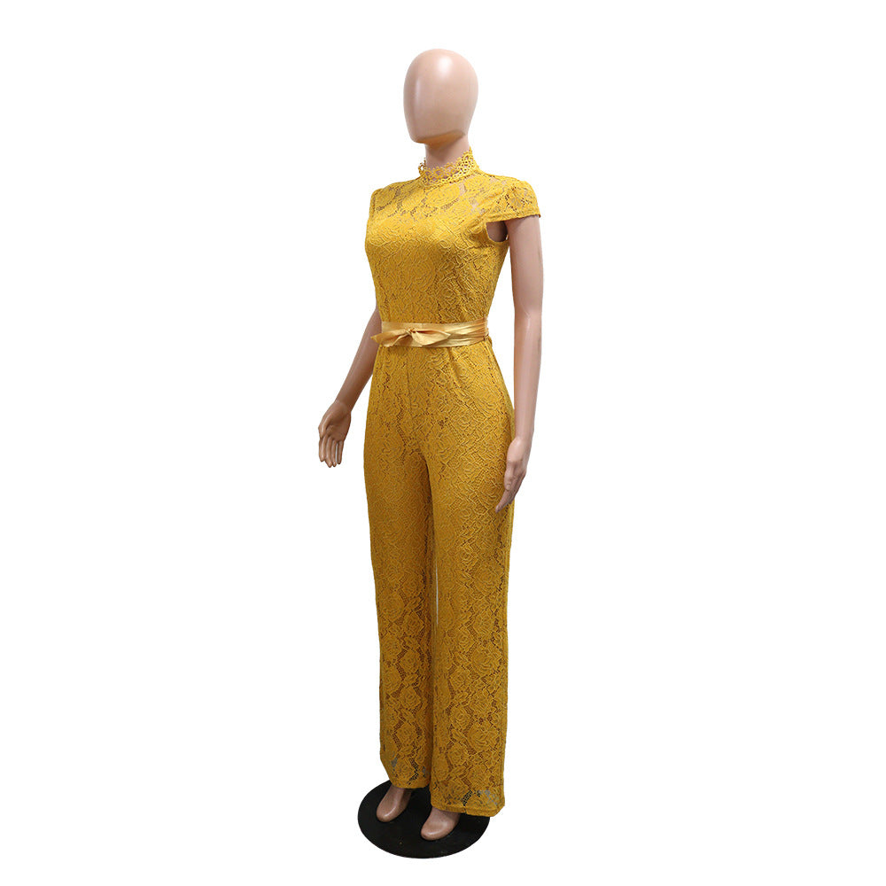 Round Neck Short Sleeve Lace Jumpsuit Wide Leg Pants Women Solid Color