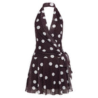 Retro Polka Dot Deep V Plunge neck Mesh Camisole Dress Vacation Lace
