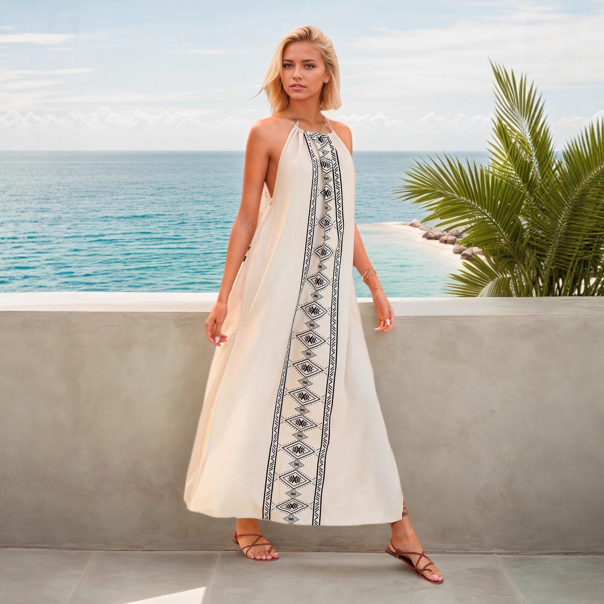 Vacation Summer Women Backless High Slit Long Vacation Spaghetti
