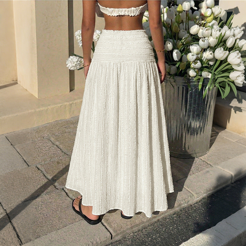 Vacation Large Swing Elastic Waist Solid Color Texture Skirt .Ships