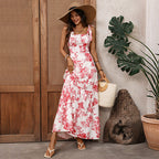 French Vacation Strap Retro Printed Large Swing Dress