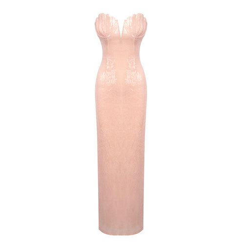 Women Light Pink Sequined Tube Top Dress Slim Fit Vacation Dress Beach