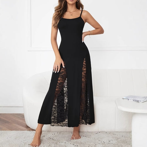 Camisole Maxi Dress Sexy Party See through Lace Patchwork Waist