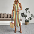 Ethnic Vacation round Neck Striped Contrast Color Sleeveless Sheath