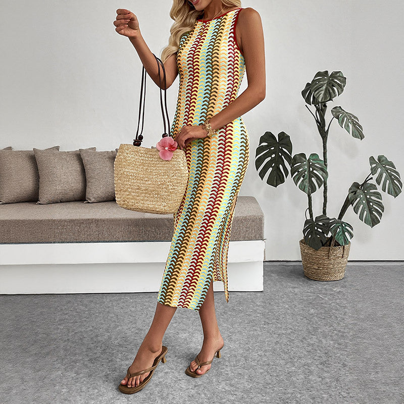 Ethnic Vacation round Neck Striped Contrast Color Sleeveless Sheath