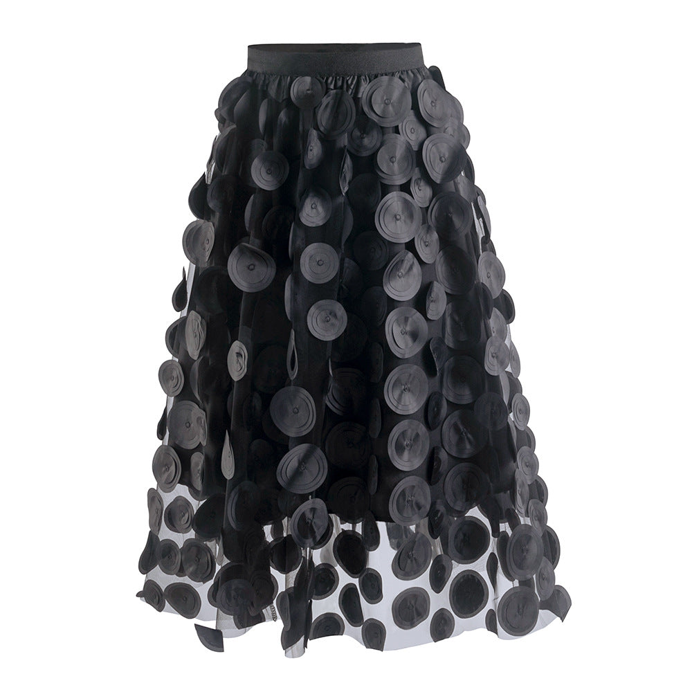Three Dimensional Patch Stitching Mesh Women Midi Skirt