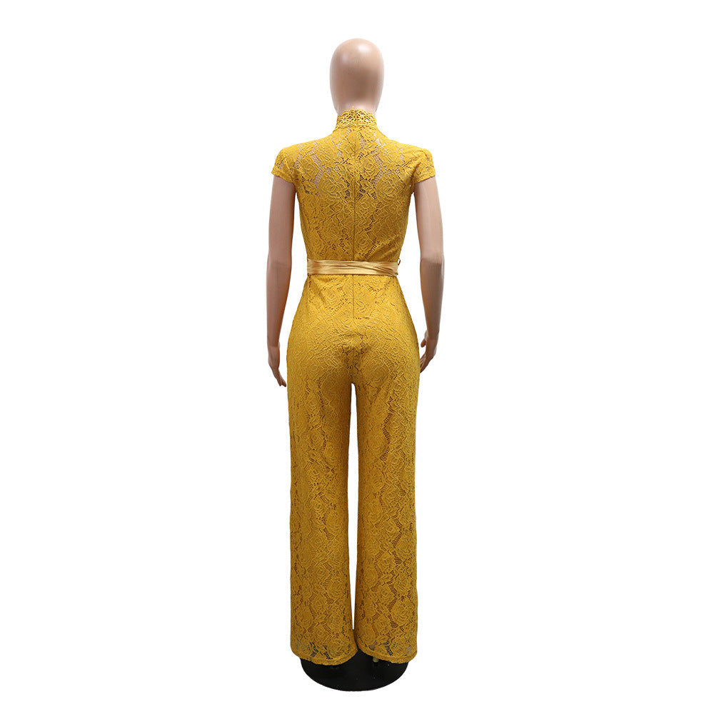Round Neck Short Sleeve Lace Jumpsuit Wide Leg Pants Women Solid Color