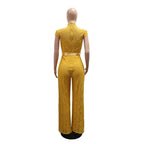 Round Neck Short Sleeve Lace Jumpsuit Wide Leg Pants Women Solid Color
