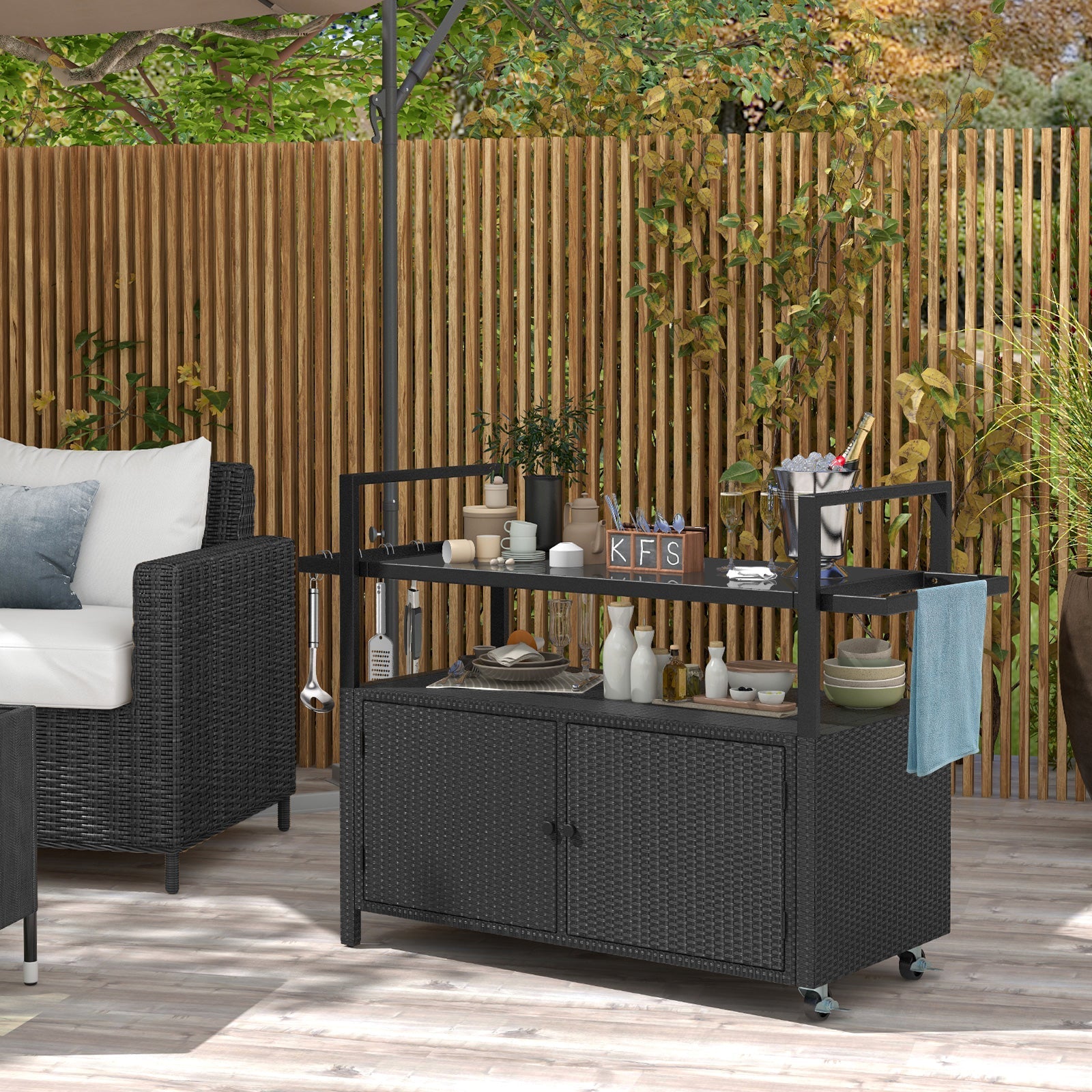 Outdoor Bar Cart Wicker Buffet Serving Cart with Cabinet and 8 Hooks-Black