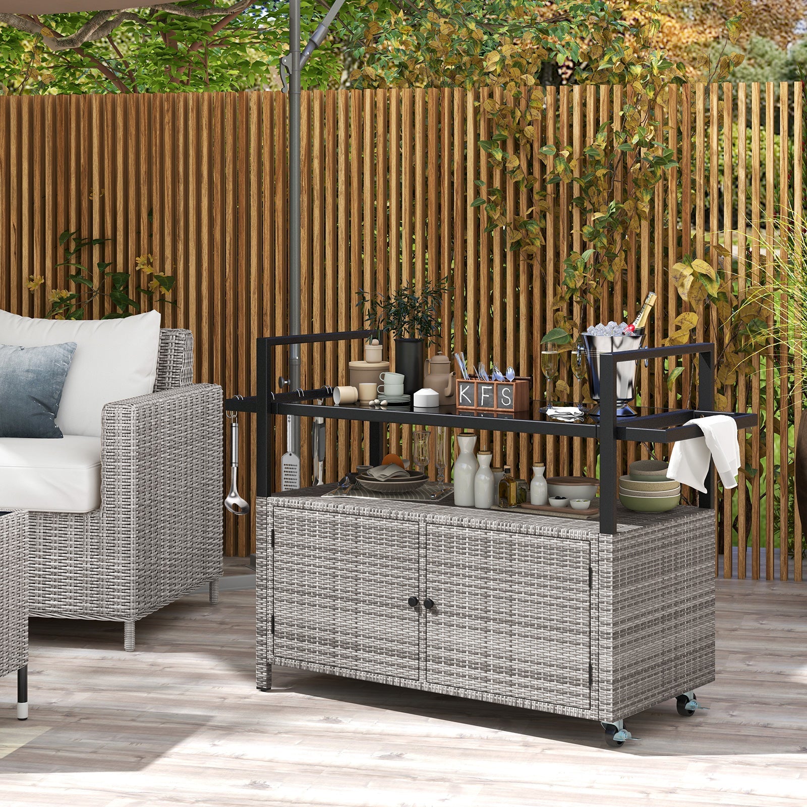 Outdoor Bar Cart Wicker Buffet Serving Cart with Cabinet and 8 Hooks-Gray