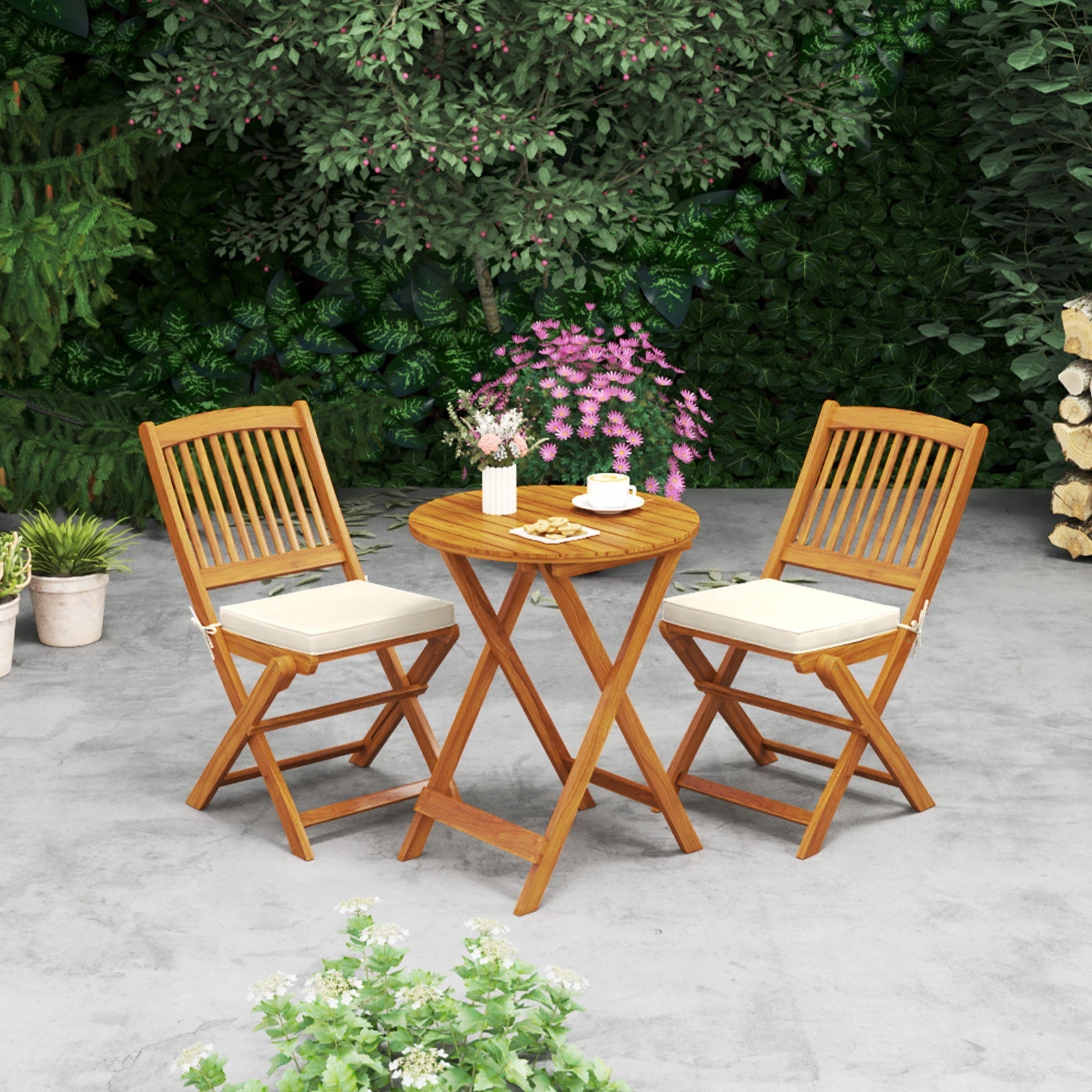 Outdoor Folding Chairs with Seat Cushions Set of 2-Beige