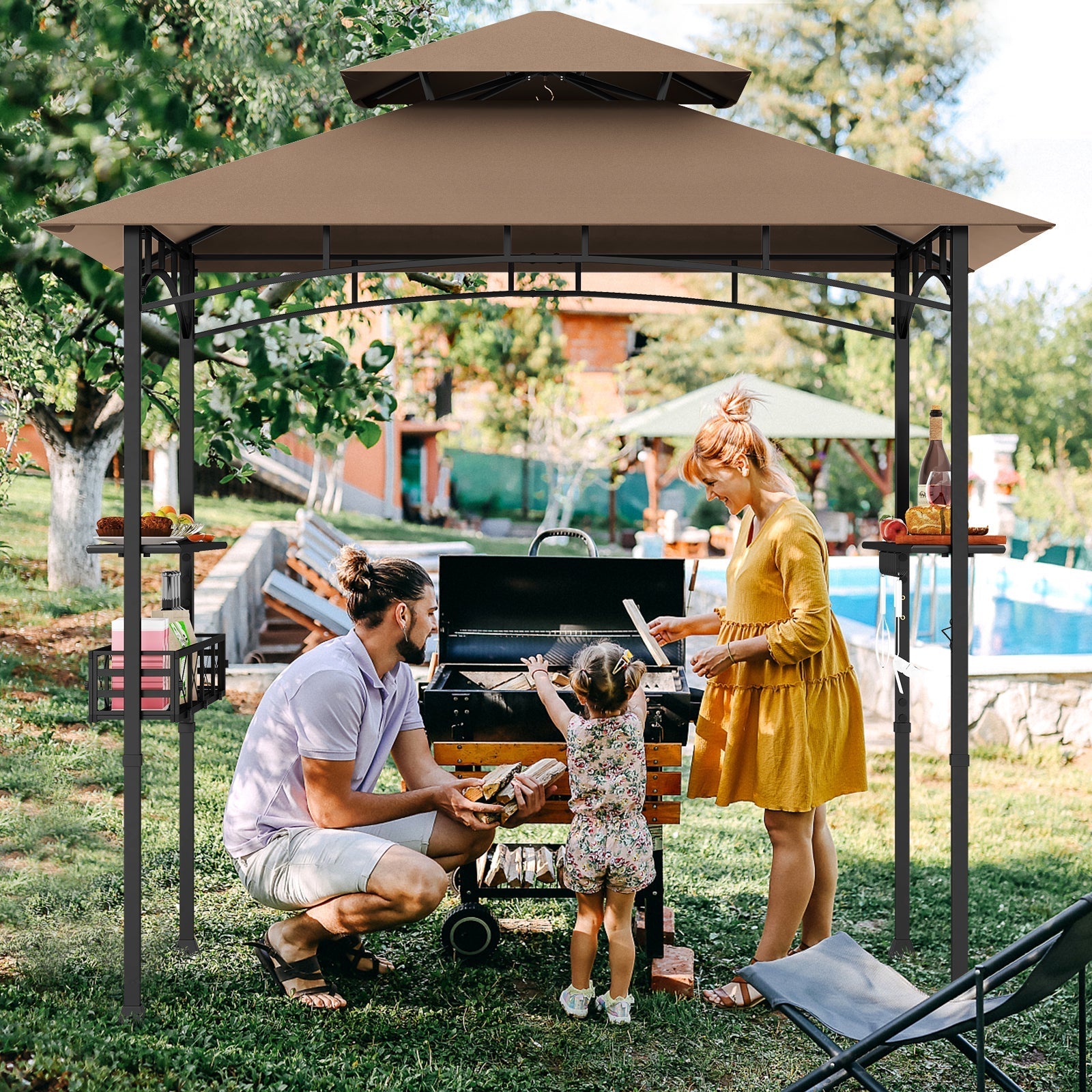 8 x 5 Feet Outdoor Grill Gazebo with 2 Side Shelves and 10 Hooks-Brown
