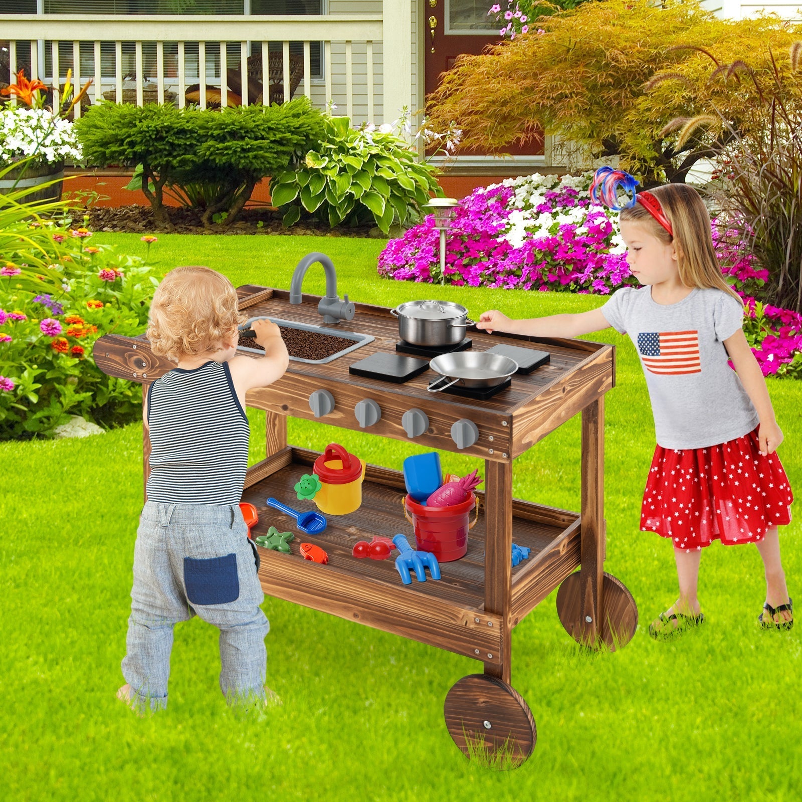 Outdoor Movable Mud Kitchen with 2 Rolling Wheels and 1 Push Handle-Natural