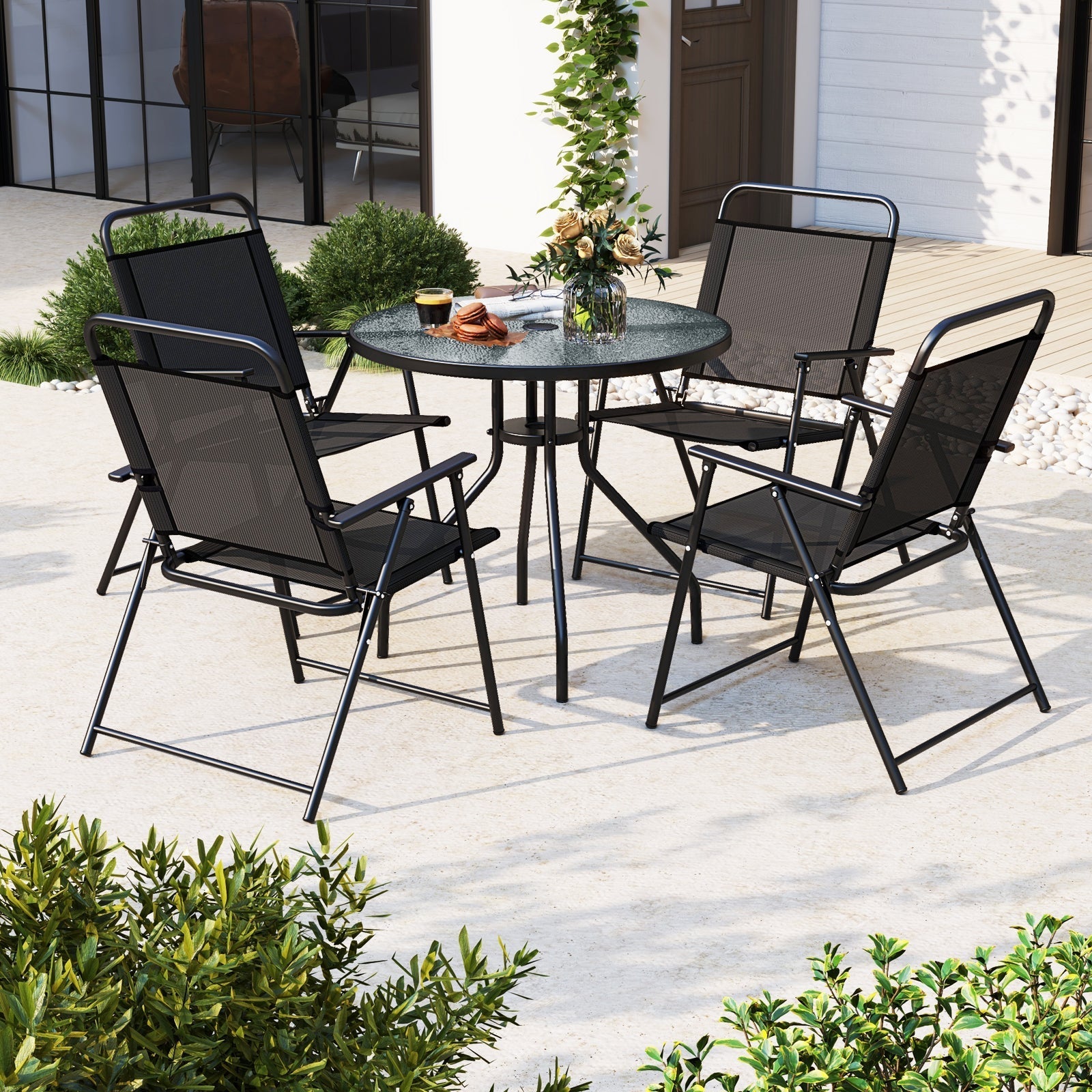 6 Pieces Patio Dining Set Folding Chairs Glass Table Tilt Umbrella for Garden-Gray