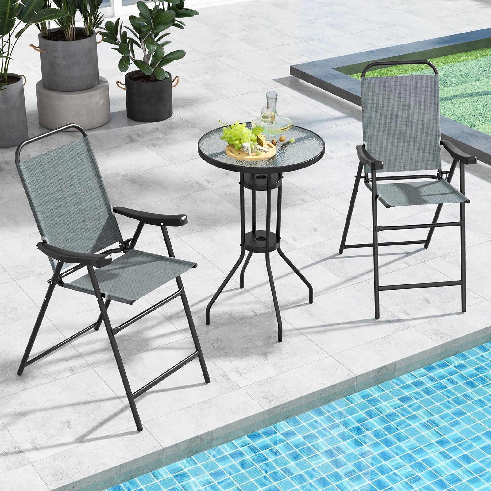 Patio Folding Bar Stool Set of 2 with Metal Frame and Footrest-Blue