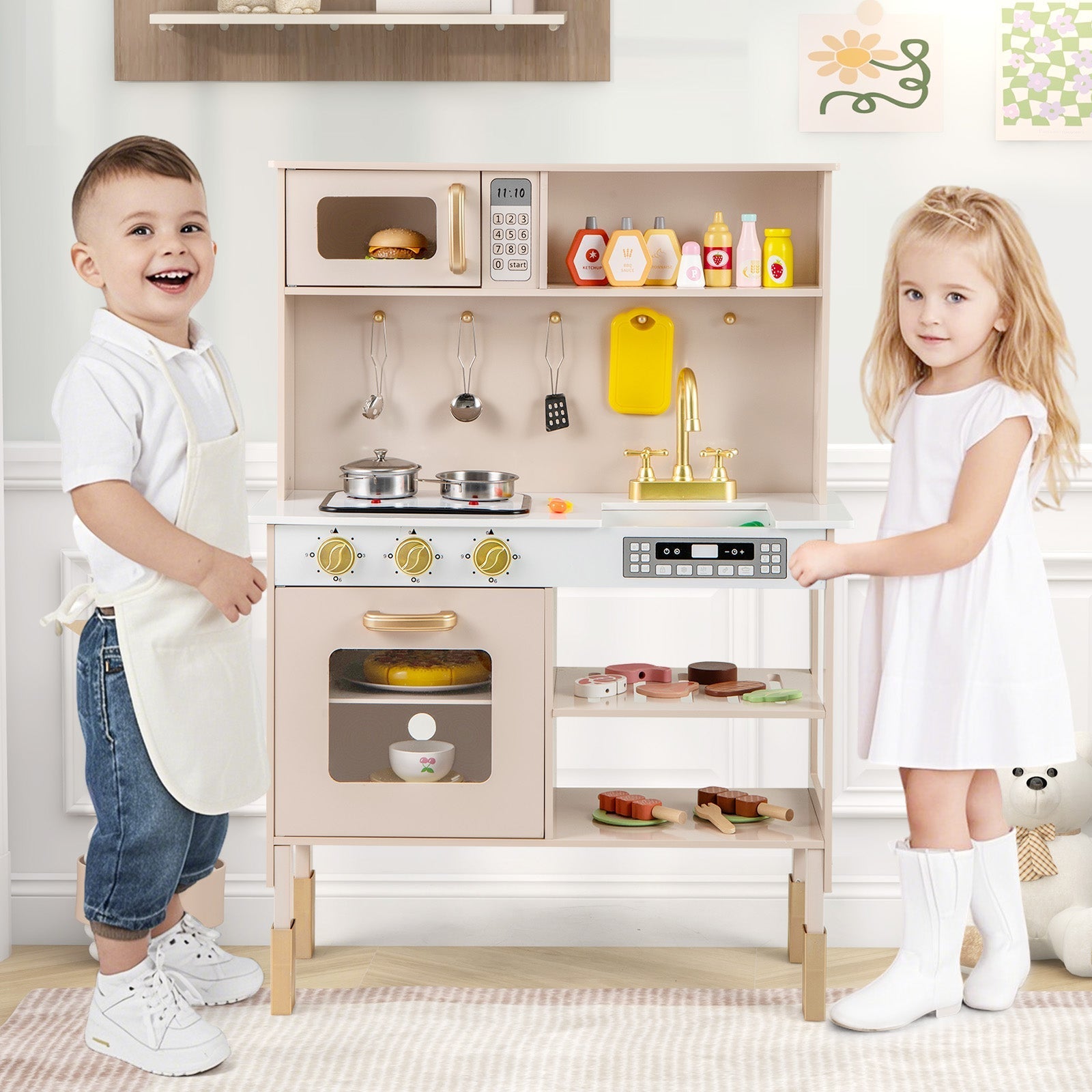 Play Kitchen Height Adjustable with Microwave and Lights and Sounds-Pink