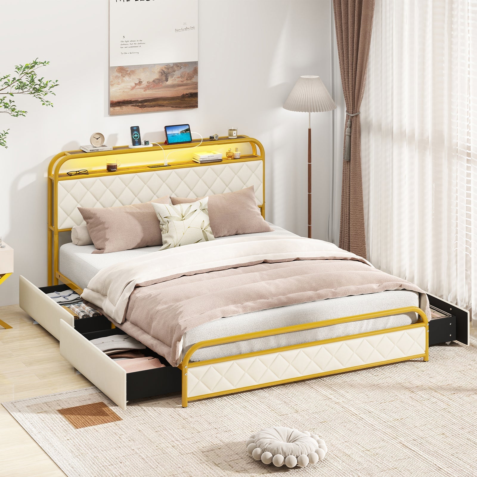 Twin/Full/Queen Size Bed Frame with LED Lights and Charging Station Gold-Queen Size