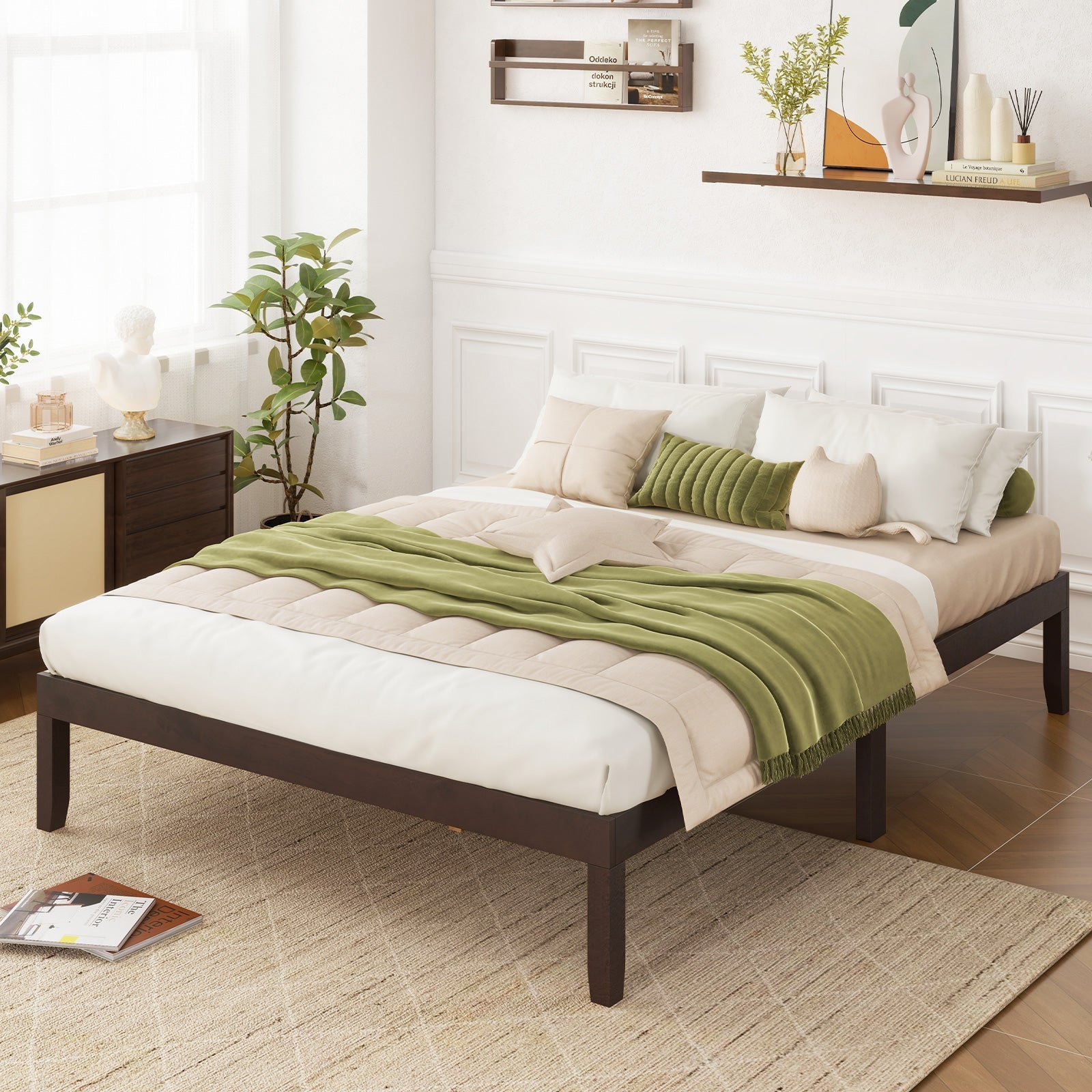 Queen Size Wood Bed Frame with Wooden Slats Support and Rubber Wood Legs-Espresso