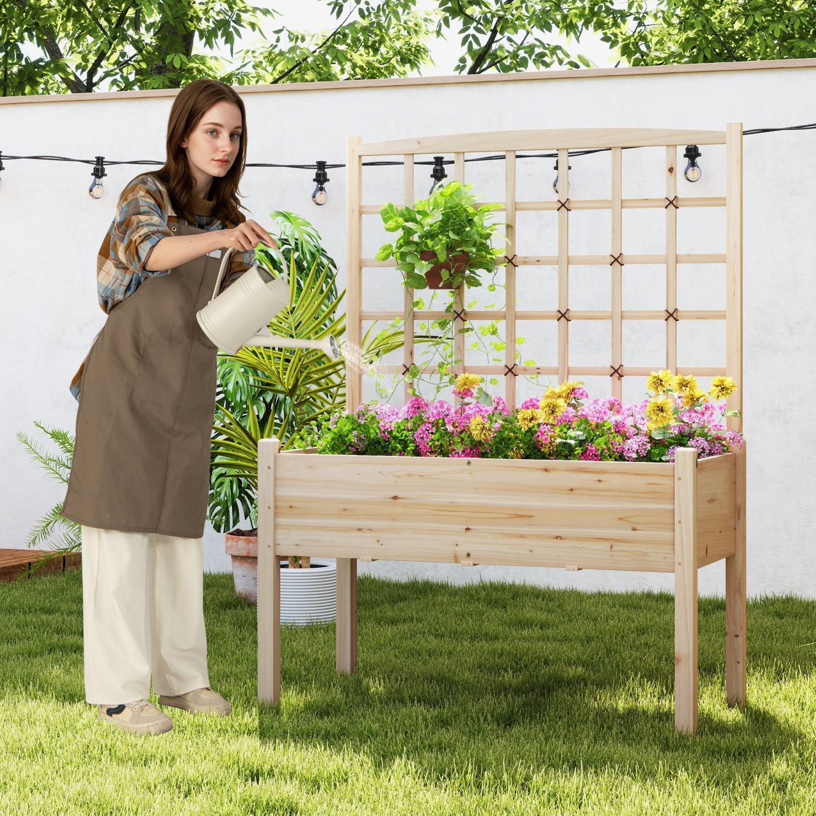 Raised Garden Bed with Lattice Trellis and Drainage Holes Elevated-Natural