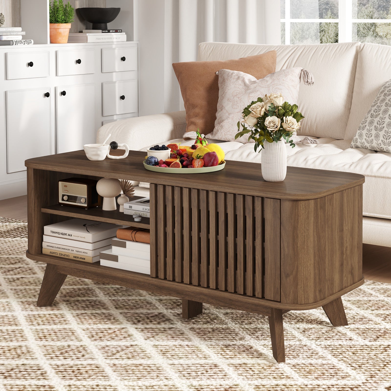 Rectangular Coffee Table with Storage and Adjustable Shelves-Walnut