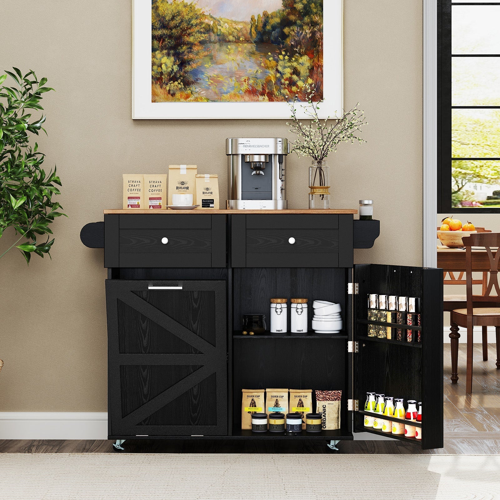Rolling Kitchen Island with Trash Can Cabinet and Rubber Universal Wheels-Black