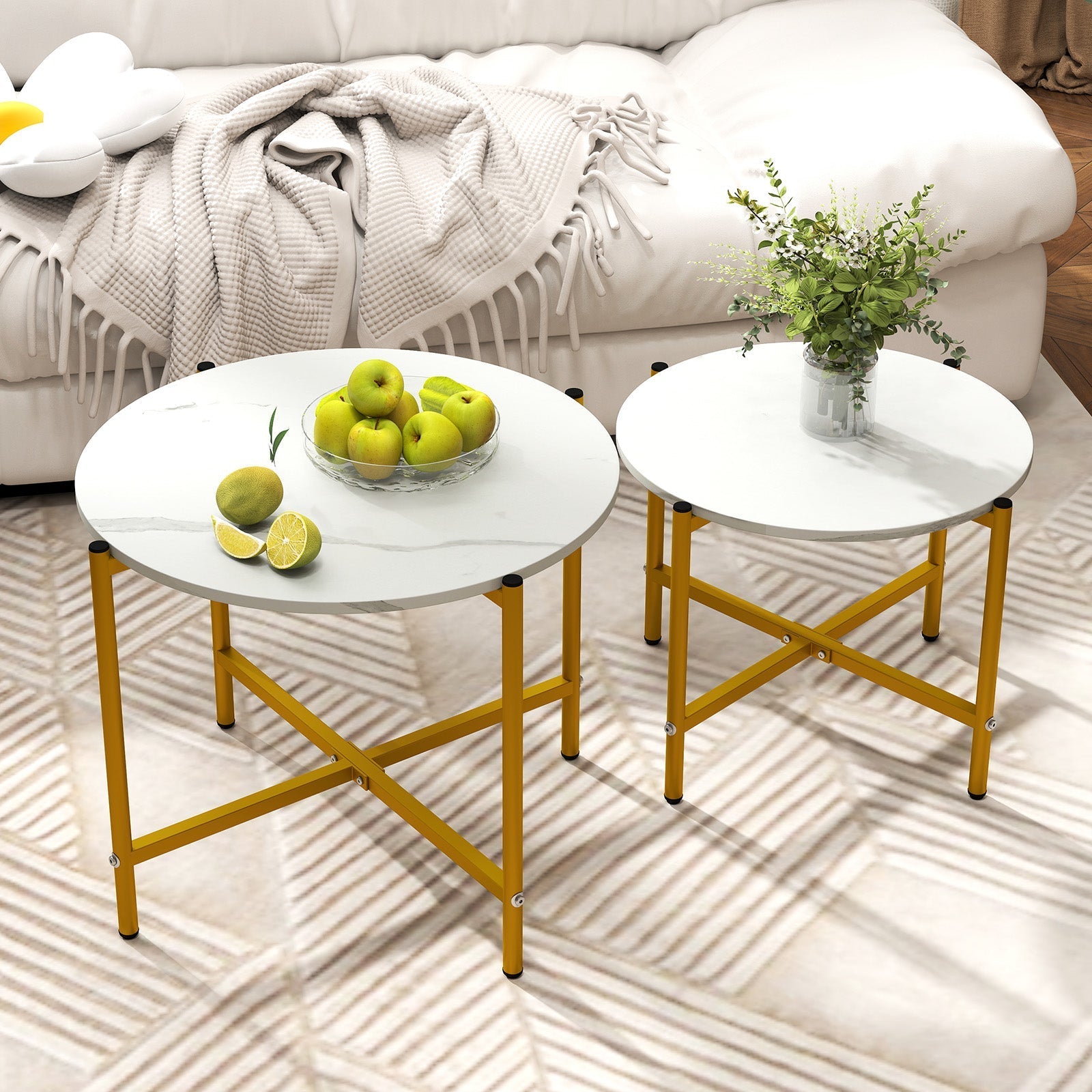 Round Coffee Table Set of 2 with Heavy-Duty Metal Frame-White