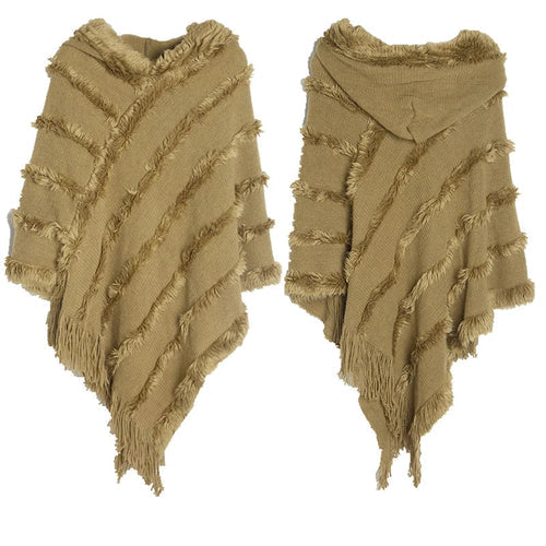 Women Winter Knit Hooded Poncho Cape Lady Spring Fringed Shawl Wrap