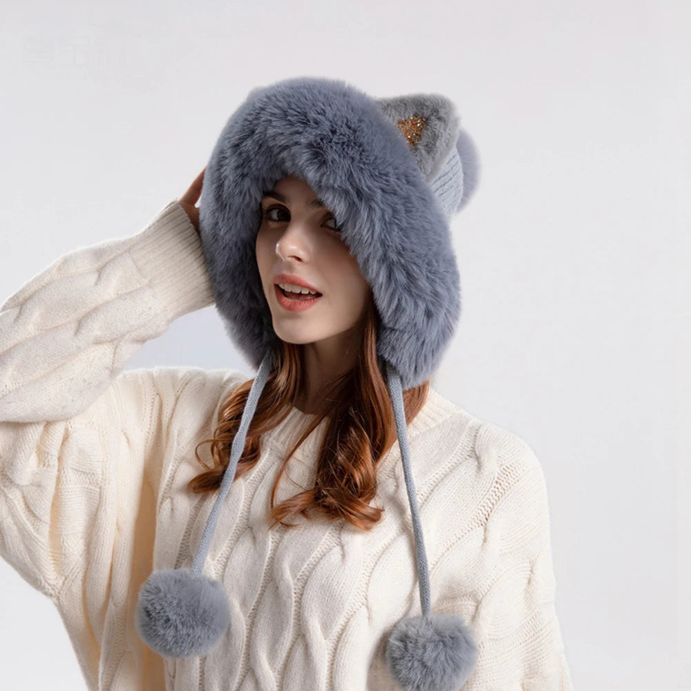 Cute Cat Ears Winter Hat Add Fluff Lined Windproof Warm Beanies With