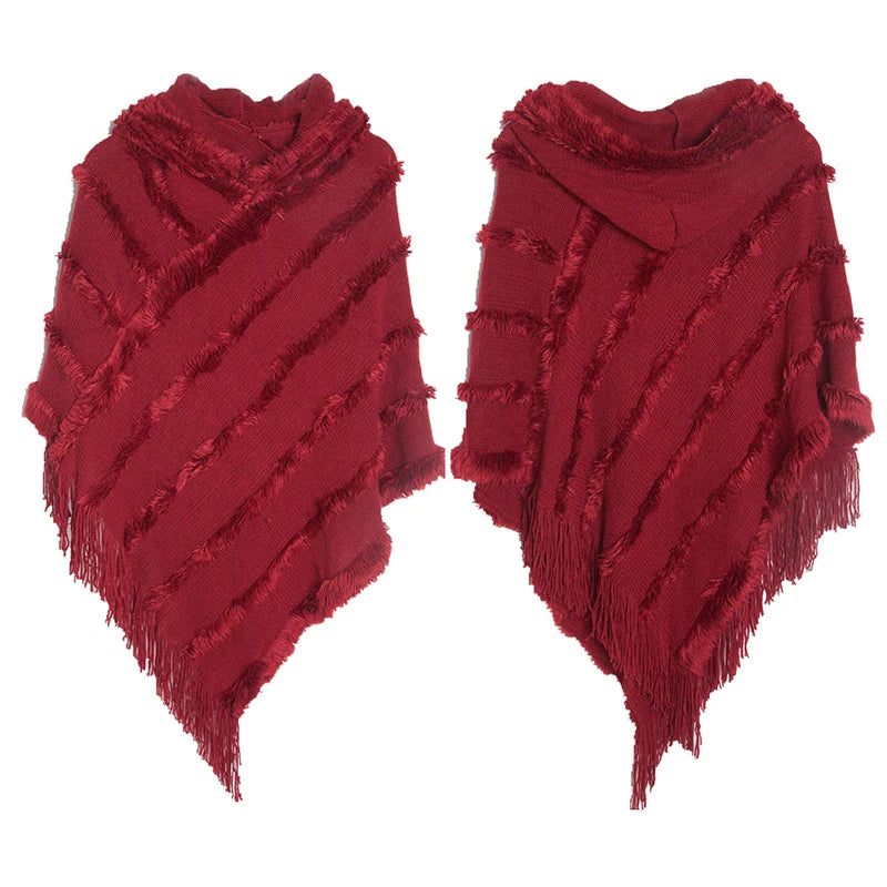 Women Winter Knit Hooded Poncho Cape Lady Spring Fringed Shawl Wrap