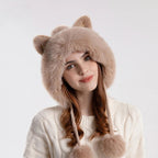 Cute Cat Ears Winter Hat Add Fluff Lined Windproof Warm Beanies With