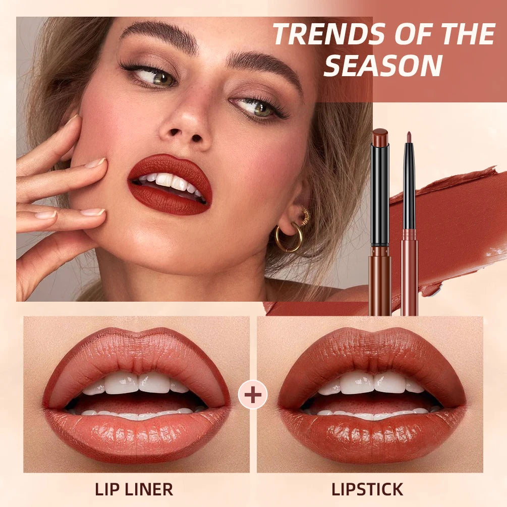 QIBEST 2pcs Lipstick Lipliner Pen Set Matte Nude Lip Liner Pencil