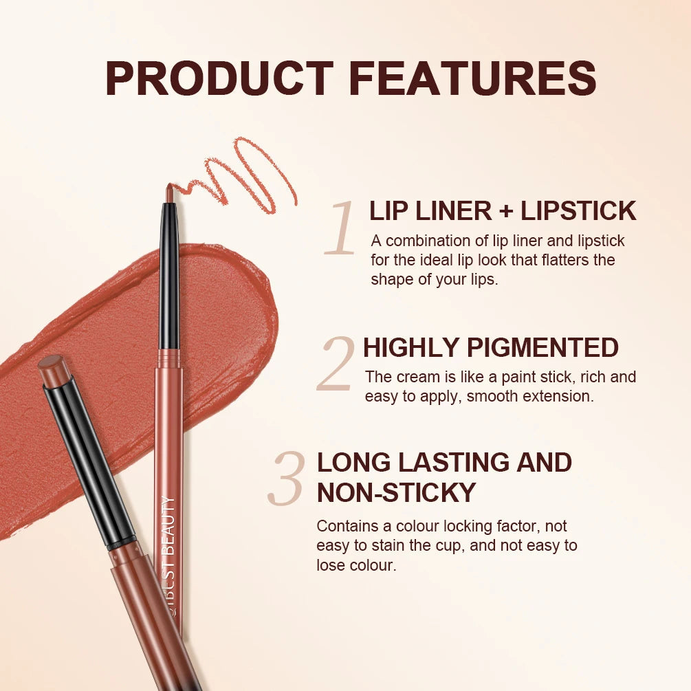 QIBEST 2pcs Lipstick Lipliner Pen Set Matte Nude Lip Liner Pencil