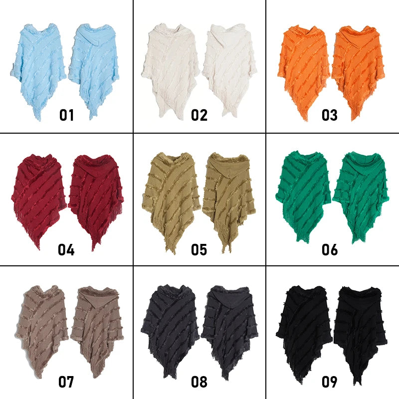 Women Winter Knit Hooded Poncho Cape Lady Spring Fringed Shawl Wrap