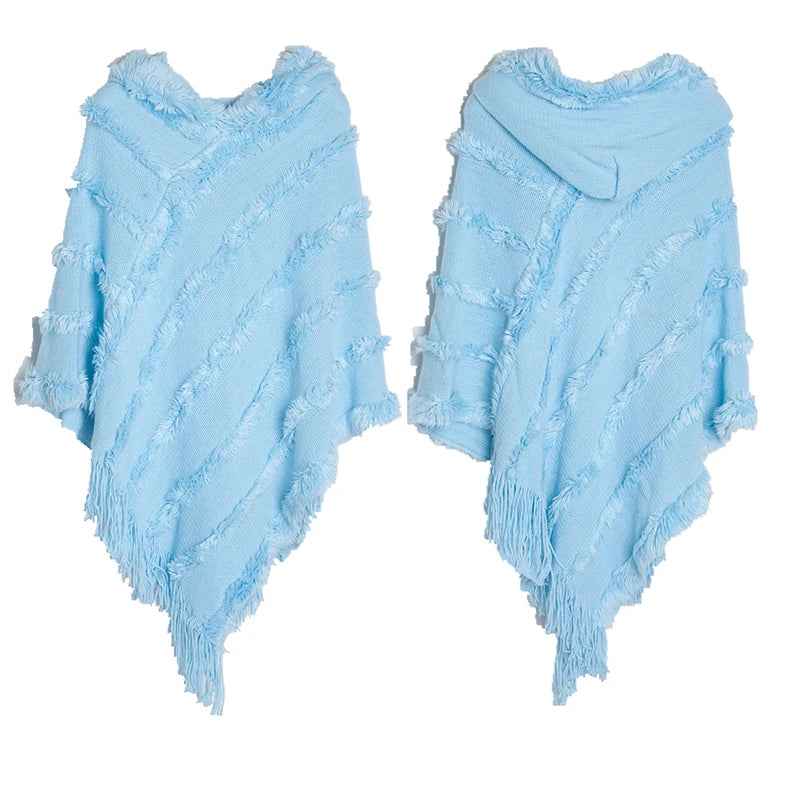 Women Winter Knit Hooded Poncho Cape Lady Spring Fringed Shawl Wrap