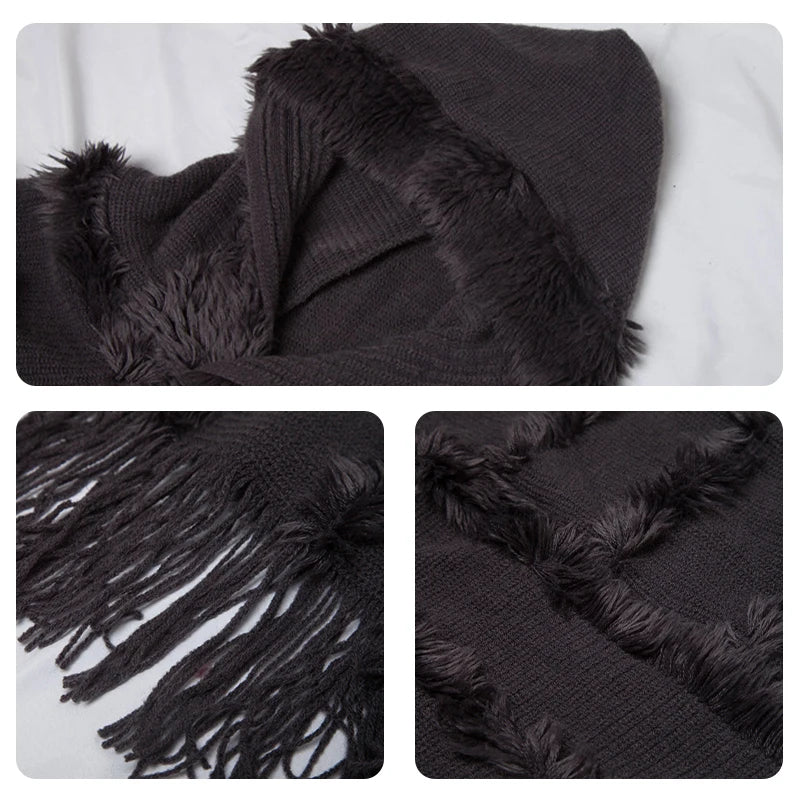 Women Winter Knit Hooded Poncho Cape Lady Spring Fringed Shawl Wrap