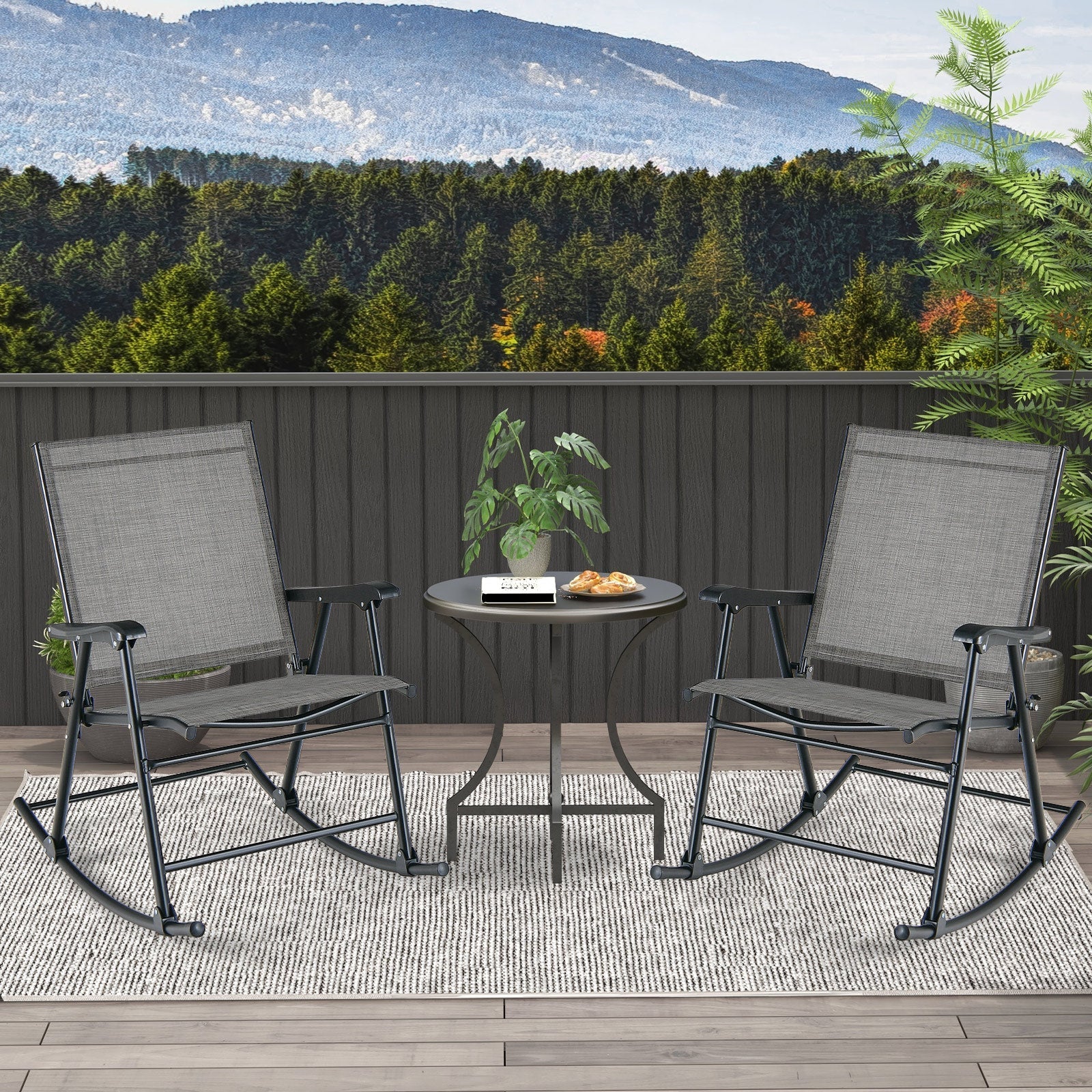 Folding Rocking Chair with Breathable Seat Fabric Set of 2-Gray