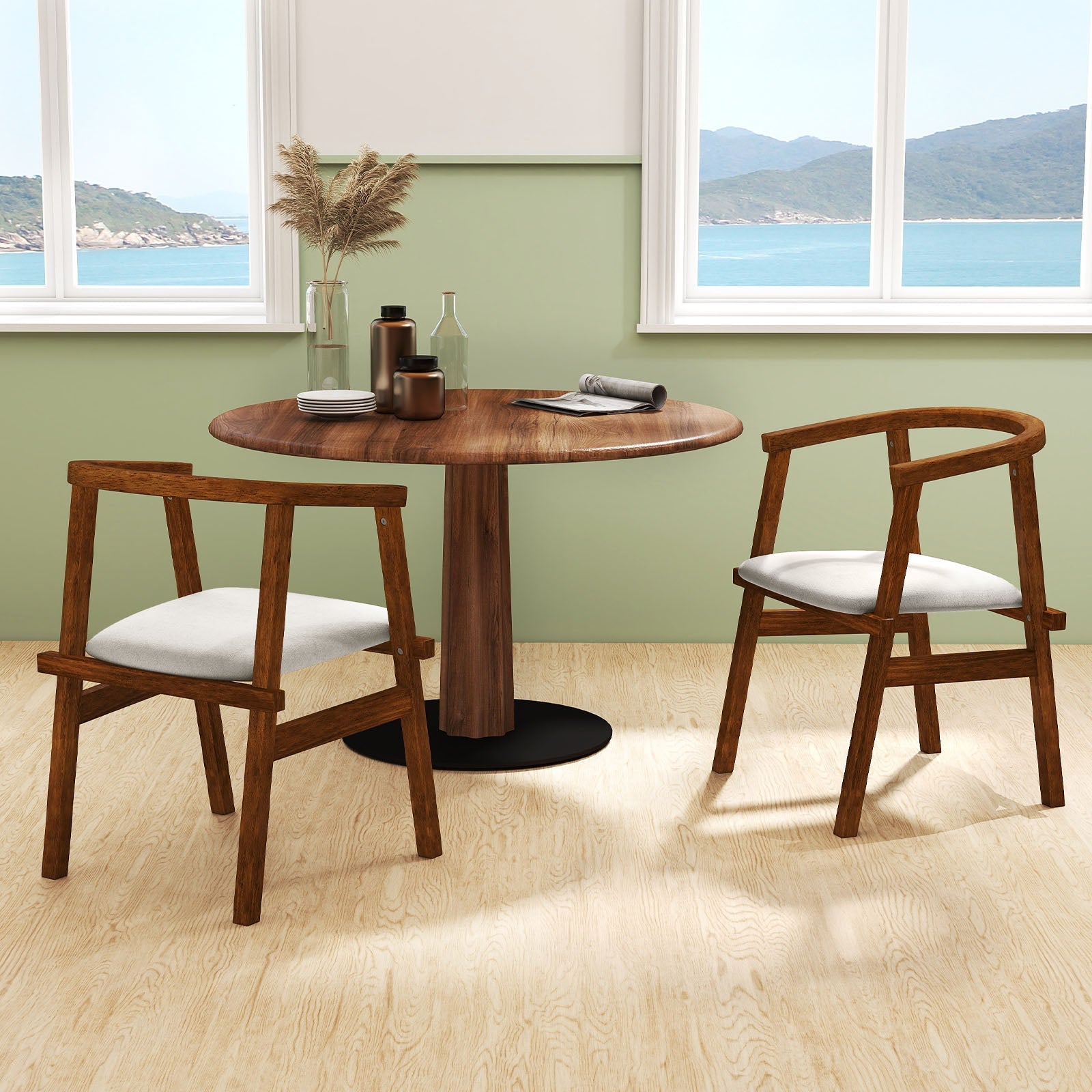Set of 2 Solid Rubber Wood Dining Room Chairs with Wrap-around Armrest-Walnut